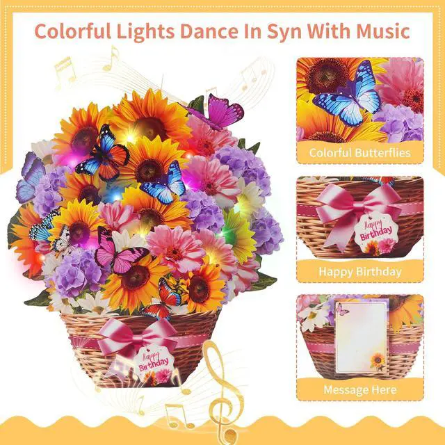 Alt view image 4 of 7 - Birthday Card with MUSIC LIGHTS, Pop Up Sunflower Bouquet For Women | 10 Inch Life Size, Play Birthday Song, Lights Dance, 3D Paper Forever Flower, Musical Birthday Cards Gift For Mom Wife