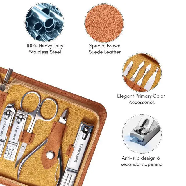 Alt view image 3 of 7 - Manicure Set, Nail Professional Kit Manicure Kits Nail Clipper Sets, 13PCS Stainless Steel Pedicure Sets Mens Grooming Tool, with Brown Leather Travel Case for Men