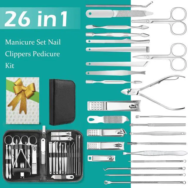 Alt view image 2 of 6 - 26Pcs Manicure Nail Clipper Set for Men Women Gift, Silver Accessories | Family & Travel Essential, Professional Tools, Pedicure Kit, Mens Grooming, Fully Functional, Heavy Duty Steel