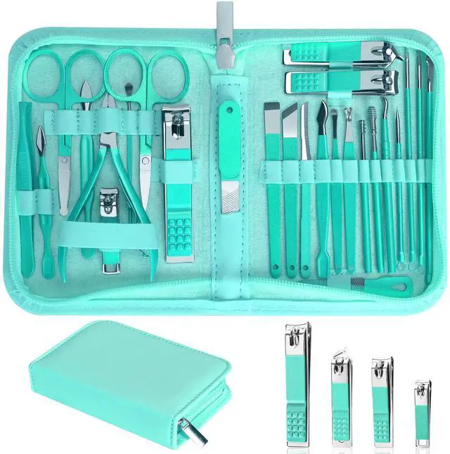 Main image of 26Pcs Manicure Nail Clipper Set for Women Gift, Turquoise Case | Family & Travel Essential, Professional Tools, Pedicure Kit, Mens Grooming, Fully Functional, Heavy Duty Steel