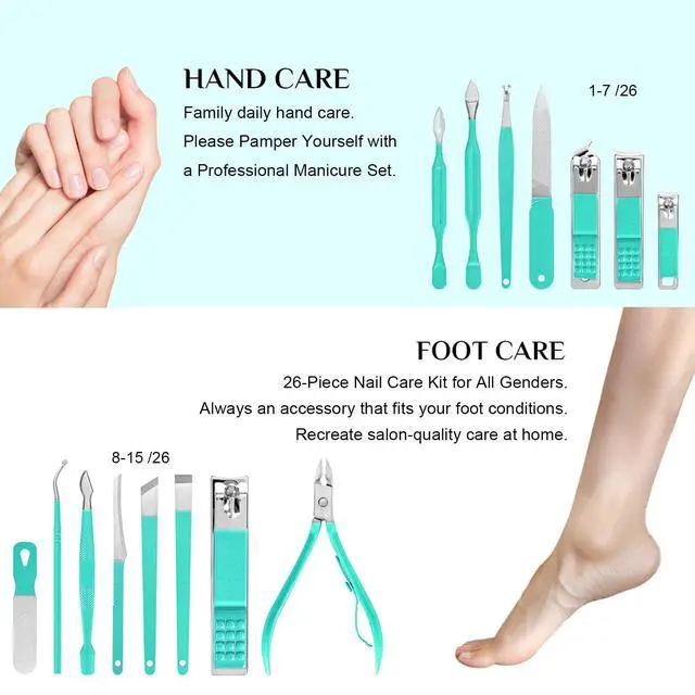 Alt view image 2 of 5 - 26Pcs Manicure Nail Clipper Set for Women Gift, Turquoise Case | Family & Travel Essential, Professional Tools, Pedicure Kit, Mens Grooming, Fully Functional, Heavy Duty Steel
