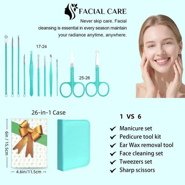 Alt view image 3 of 5 - 26Pcs Manicure Nail Clipper Set for Women Gift, Turquoise Case | Family & Travel Essential, Professional Tools, Pedicure Kit, Mens Grooming, Fully Functional, Heavy Duty Steel