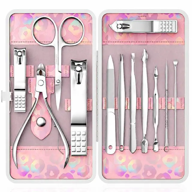 Main image of Nail Clippers Kit Manicure Pedicure Set with Holographic Case(Pink) | 12-Piece Set with Thicker Steel, Precision-ground Cutting Edges, and Smooth-finished Tools for Clean, Precise Trimming.
