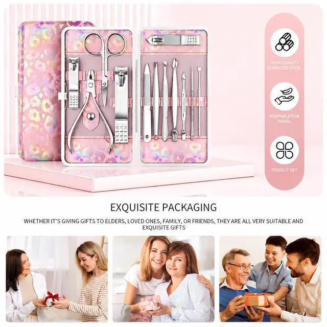 Alt view image 7 of 7 - Nail Clippers Kit Manicure Pedicure Set with Holographic Case(Pink) | 12-Piece Set with Thicker Steel, Precision-ground Cutting Edges, and Smooth-finished Tools for Clean, Precise Trimming.