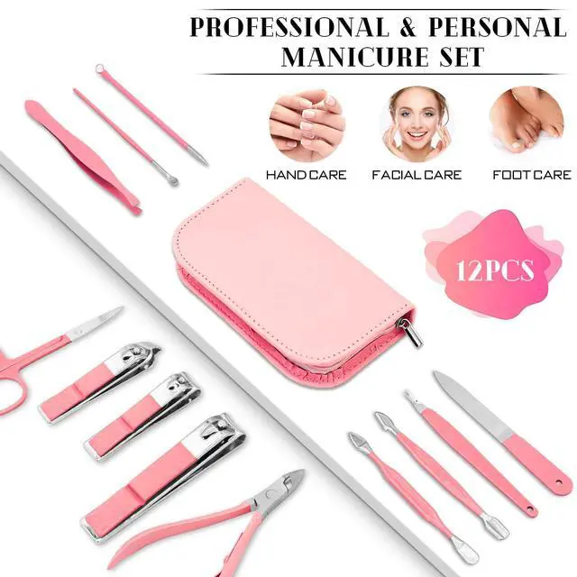 Alt view image 2 of 6 - Manicure Pedicure Set, 12 Pcs Nail Care Kit for Women, Mens Nail Grooming Kit, Manicure & Pedicure Tools & Accessories, Pink Nail Kit Manicure Set Luxury Leather Case for Home Salon Use