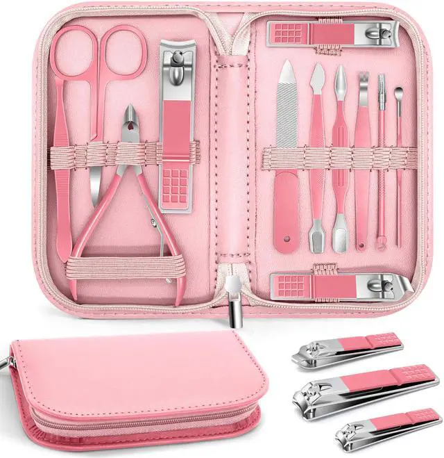 Main image of Manicure Pedicure Set, 12 Pcs Nail Care Kit for Women, Mens Nail Grooming Kit, Manicure & Pedicure Tools & Accessories, Pink Nail Kit Manicure Set Luxury Leather Case for Home Salon Use