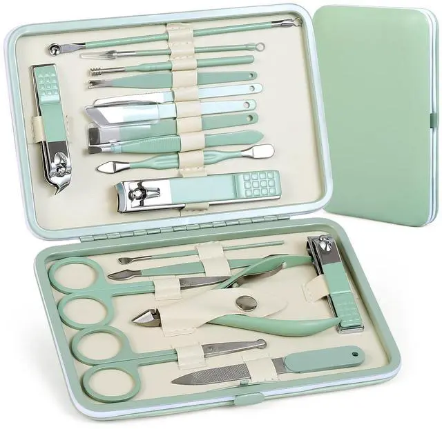 Main image of Manicure Set Pedicure Kit Nail Clippers Set Fingernail Clipper Set Ingrown Toenail Nail Kit Scissor Nail Trimmer Kit 18 Pieces Women and Mens Care Grooming Tools with Fine Case (Tea Green_18 Pieces)