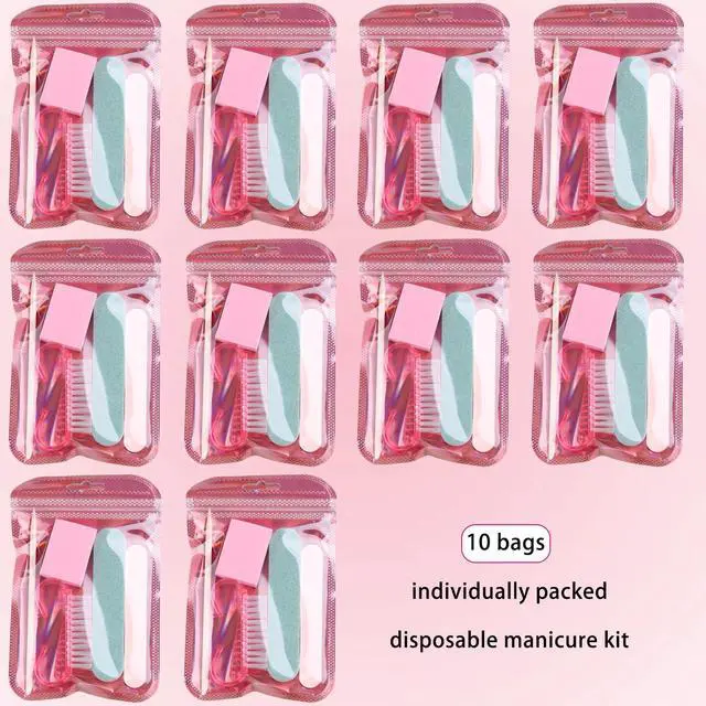 Alt view image 2 of 7 - Disposable Manicure Kit Mini Nail Files Buffers Handle Grip Brush | Basics 5PCS Nail Kit with Orange Wood Stick Individually-Packed Pedicure Set for Fingernails Toenails Salon Supplies 10 Packs
