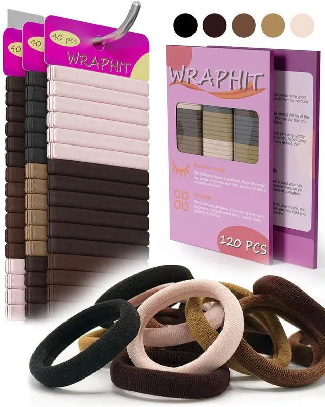 Main image of 120pc Hair Ties No Damage Snag Free for Thick Hair | soft,ouchless,seamless,thick,strong hold,no-slip grip,elastics ponytail holders for women(Classic 5 Colors)