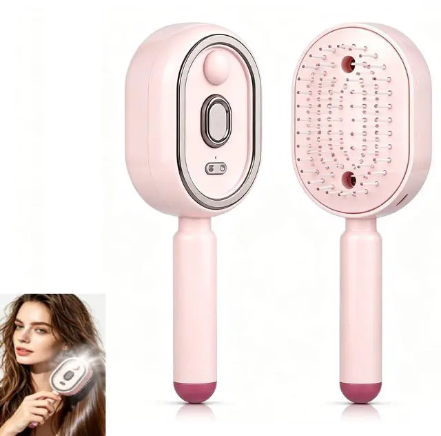 Main image of Spray Air Cushion Massage Hair Brush, Self-Clean Anti-Tangle Styling Comb, Portable Brush for Women Hair, Pink