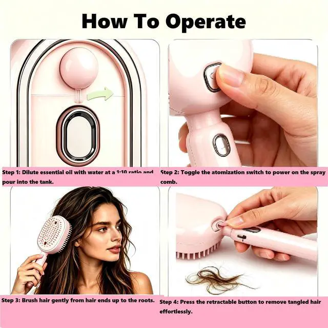 Alt view image 5 of 5 - Spray Air Cushion Massage Hair Brush, Self-Clean Anti-Tangle Styling Comb, Portable Brush for Women Hair, Pink