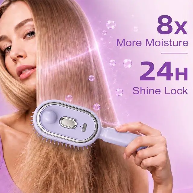 Alt view image 2 of 7 - Electric Spray Air Cushion Massage Comb, 5-in-1 Rechargeable Mist Hair Brush with 10ml Refillable Reservoir, One-Press Self-Cleaning Detangling Brush for Dry, Frizzy, Curly & Thick Hair (Purple)