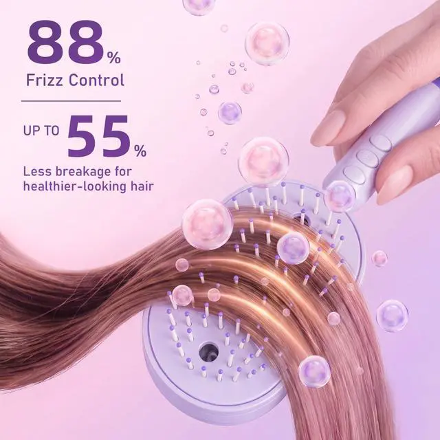 Alt view image 3 of 7 - Electric Spray Air Cushion Massage Comb, 5-in-1 Rechargeable Mist Hair Brush with 10ml Refillable Reservoir, One-Press Self-Cleaning Detangling Brush for Dry, Frizzy, Curly & Thick Hair (Purple)
