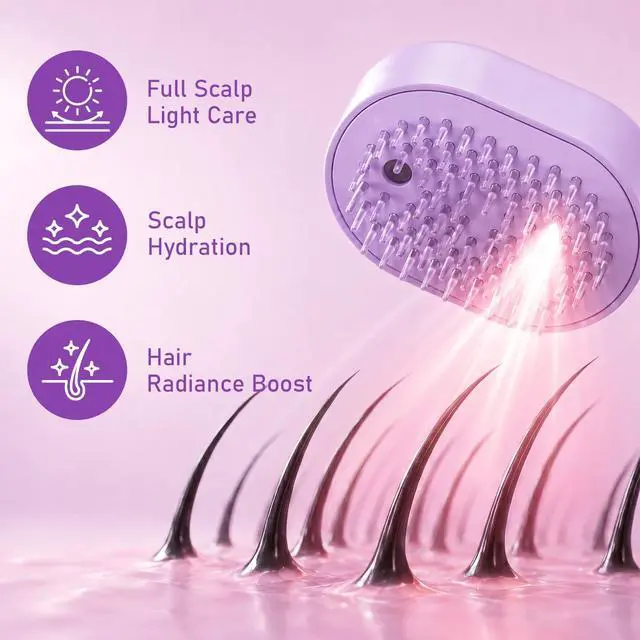 Alt view image 6 of 7 - Electric Spray Air Cushion Massage Comb, 5-in-1 Rechargeable Mist Hair Brush with 10ml Refillable Reservoir, One-Press Self-Cleaning Detangling Brush for Dry, Frizzy, Curly & Thick Hair (Purple)