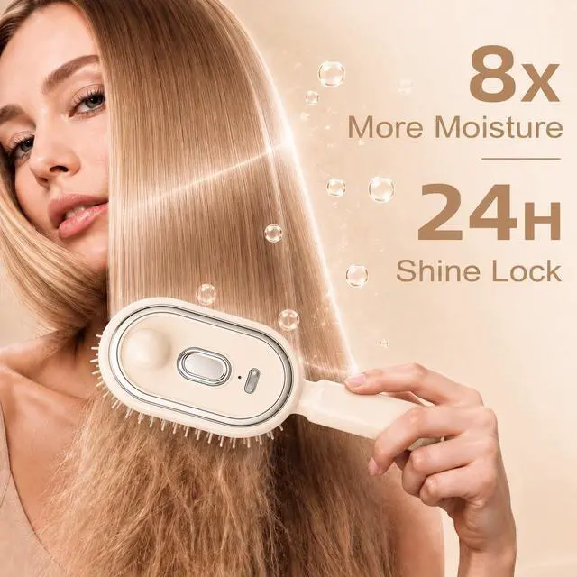Alt view image 2 of 7 - Electric Spray Air Cushion Massage Comb, 5-in-1 Rechargeable Mist Hair Brush with 10ml Refillable Reservoir, One-Press Self-Cleaning Detangling Brush for Dry, Frizzy, Curly & Thick Hair (Beige)