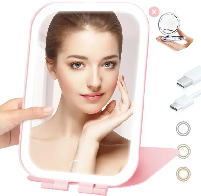 Main image of Travel Mirror with Light with Battery-Powered | Rechargeable Portable Makeup Mirror, 3 Colors LED Lighting, Dimmable Touch Screen