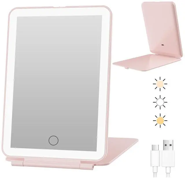 Main image of Rechargeable Travel Makeup Mirror with 72 Led Lights | Portable Lighted Makeup Mirror, 3 Color Lighting, Dimmable Touch Screen, Type C, Tabletop Folding Cosmetic Vanity Mirror Pink