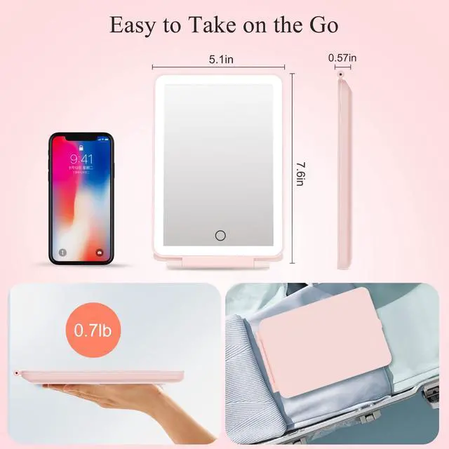 Alt view image 3 of 6 - Rechargeable Travel Makeup Mirror with 72 Led Lights | Portable Lighted Makeup Mirror, 3 Color Lighting, Dimmable Touch Screen, Type C, Tabletop Folding Cosmetic Vanity Mirror Pink