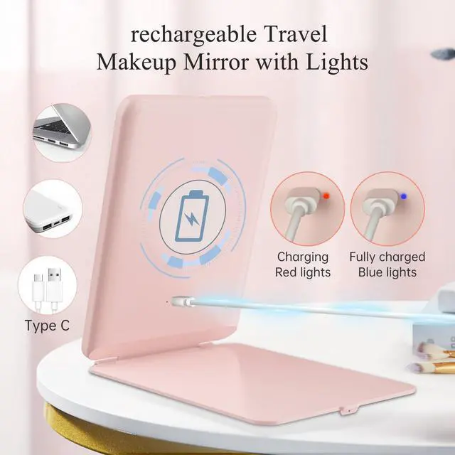 Alt view image 2 of 6 - Rechargeable Travel Makeup Mirror with 72 Led Lights | Portable Lighted Makeup Mirror, 3 Color Lighting, Dimmable Touch Screen, Type C, Tabletop Folding Cosmetic Vanity Mirror Pink