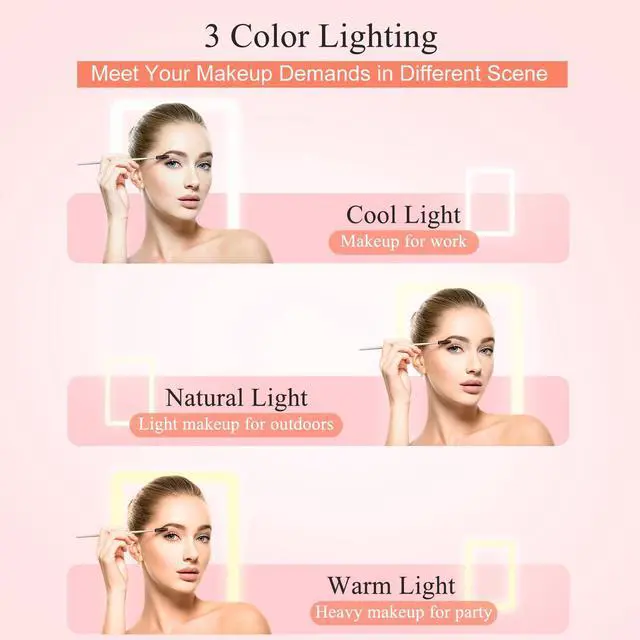 Alt view image 4 of 6 - Rechargeable Travel Makeup Mirror with 72 Led Lights | Portable Lighted Makeup Mirror, 3 Color Lighting, Dimmable Touch Screen, Type C, Tabletop Folding Cosmetic Vanity Mirror Pink