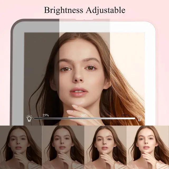 Alt view image 5 of 6 - Rechargeable Travel Makeup Mirror with 72 Led Lights | Portable Lighted Makeup Mirror, 3 Color Lighting, Dimmable Touch Screen, Type C, Tabletop Folding Cosmetic Vanity Mirror Pink