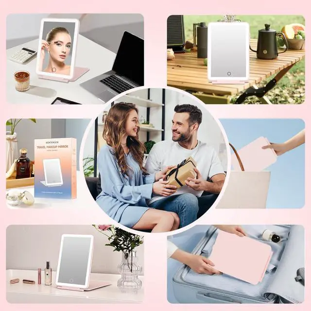 Alt view image 6 of 6 - Rechargeable Travel Makeup Mirror with 72 Led Lights | Portable Lighted Makeup Mirror, 3 Color Lighting, Dimmable Touch Screen, Type C, Tabletop Folding Cosmetic Vanity Mirror Pink