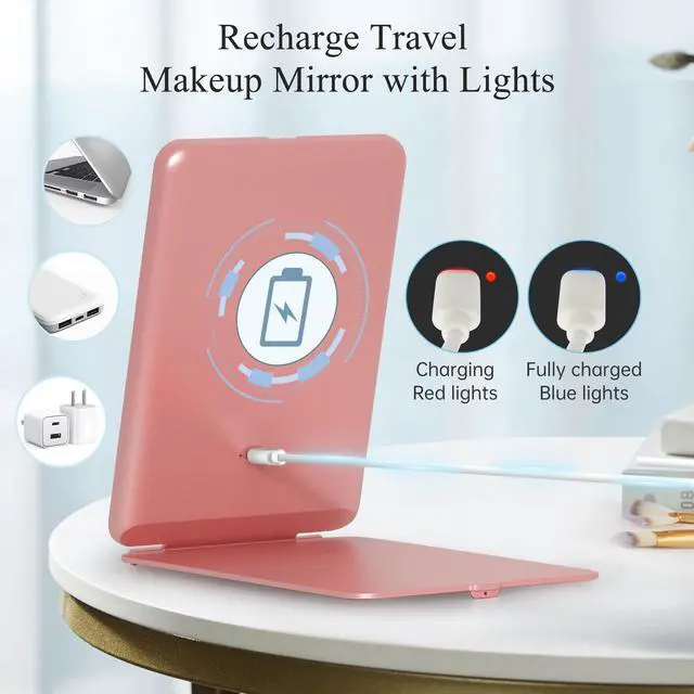 Alt view image 2 of 7 - Rechargeable Travel Makeup Mirror with 72 Led Lights | Portable Lighted Beauty Mirror, 3 Color Lighting, Dimmable Touch Screen, Tabletop LED Folding Cosmetic Vanity Mirror