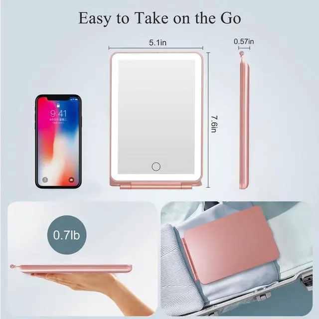 Alt view image 5 of 7 - Rechargeable Travel Makeup Mirror with 72 Led Lights | Portable Lighted Beauty Mirror, 3 Color Lighting, Dimmable Touch Screen, Tabletop LED Folding Cosmetic Vanity Mirror