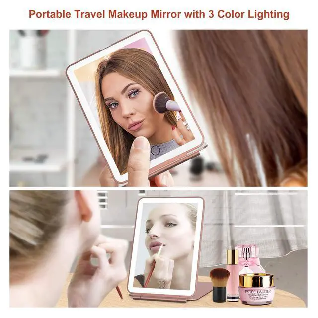 Alt view image 7 of 7 - Rechargeable Travel Makeup Mirror with 72 Led Lights | Portable Lighted Beauty Mirror, 3 Color Lighting, Dimmable Touch Screen, Tabletop LED Folding Cosmetic Vanity Mirror