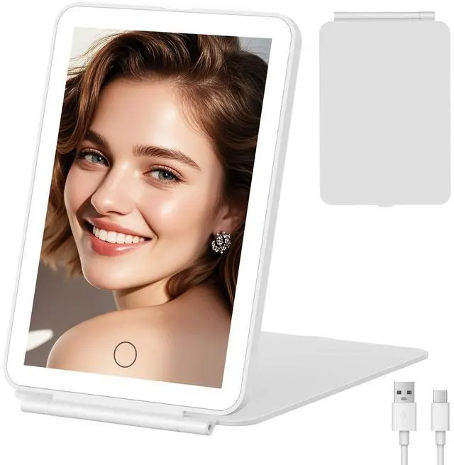 Main image of 2000mAh Rechargeable Travel Makeup Mirror with Light | Portable Makeup Mirror With 3-Color Lighting, Dimmable Touch Screen, Tabletop LED Folding Cosmetic Compact Vanity Mirror