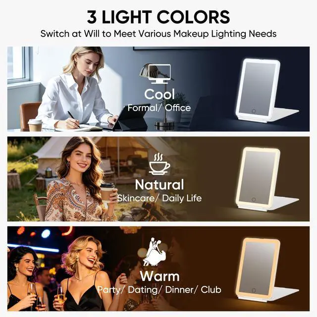 Alt view image 5 of 7 - 2000mAh Rechargeable Travel Makeup Mirror with Light | Portable Makeup Mirror With 3-Color Lighting, Dimmable Touch Screen, Tabletop LED Folding Cosmetic Compact Vanity Mirror