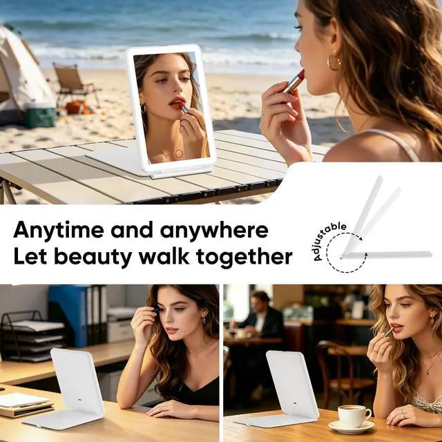 Alt view image 7 of 7 - 2000mAh Rechargeable Travel Makeup Mirror with Light | Portable Makeup Mirror With 3-Color Lighting, Dimmable Touch Screen, Tabletop LED Folding Cosmetic Compact Vanity Mirror