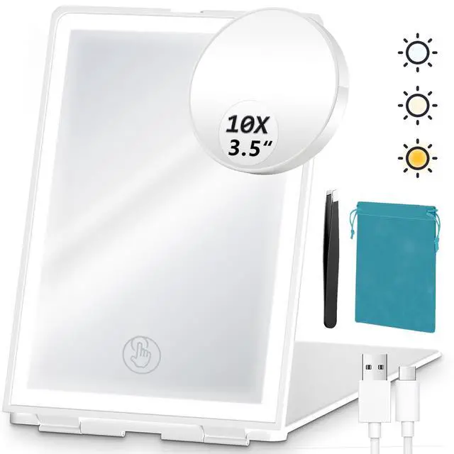 Main image of Travel Makeup Mirror with Lights Valentines Day Gifts for Girlfriend, Wife, Birthday Gifts Rechargeable Portable Folding Compact LED Mirror Set with Tweezer 3 Color Light Modes