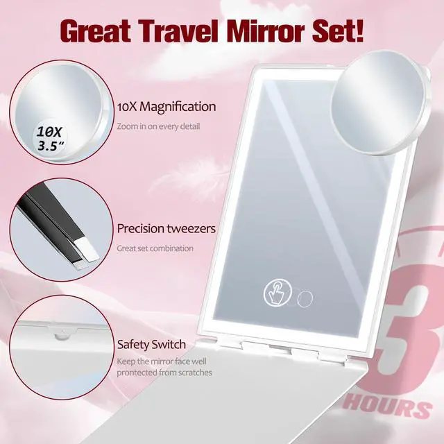 Alt view image 3 of 7 - Travel Makeup Mirror with Lights Valentines Day Gifts for Girlfriend, Wife, Birthday Gifts Rechargeable Portable Folding Compact LED Mirror Set with Tweezer 3 Color Light Modes