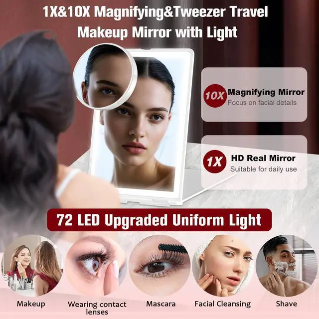 Alt view image 4 of 7 - Travel Makeup Mirror with Lights Valentines Day Gifts for Girlfriend, Wife, Birthday Gifts Rechargeable Portable Folding Compact LED Mirror Set with Tweezer 3 Color Light Modes