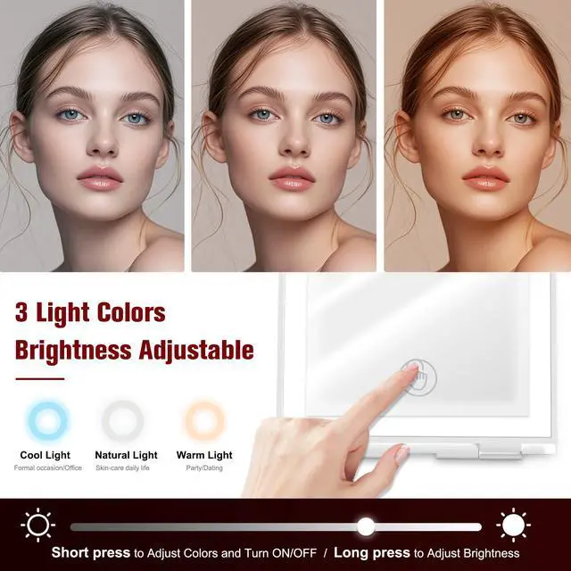 Alt view image 6 of 7 - Travel Makeup Mirror with Lights Valentines Day Gifts for Girlfriend, Wife, Birthday Gifts Rechargeable Portable Folding Compact LED Mirror Set with Tweezer 3 Color Light Modes