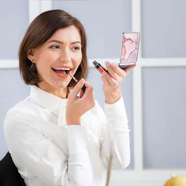 Alt view image 2 of 6 - Pocket Mirror, Small Travel Mirror with Magnification, Portable Double-Sided Magnifying Cosmetic Mirror for Daily (Pink Marble)