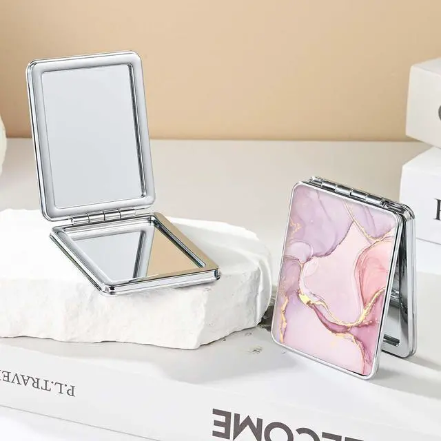 Alt view image 5 of 6 - Pocket Mirror, Small Travel Mirror with Magnification, Portable Double-Sided Magnifying Cosmetic Mirror for Daily (Pink Marble)