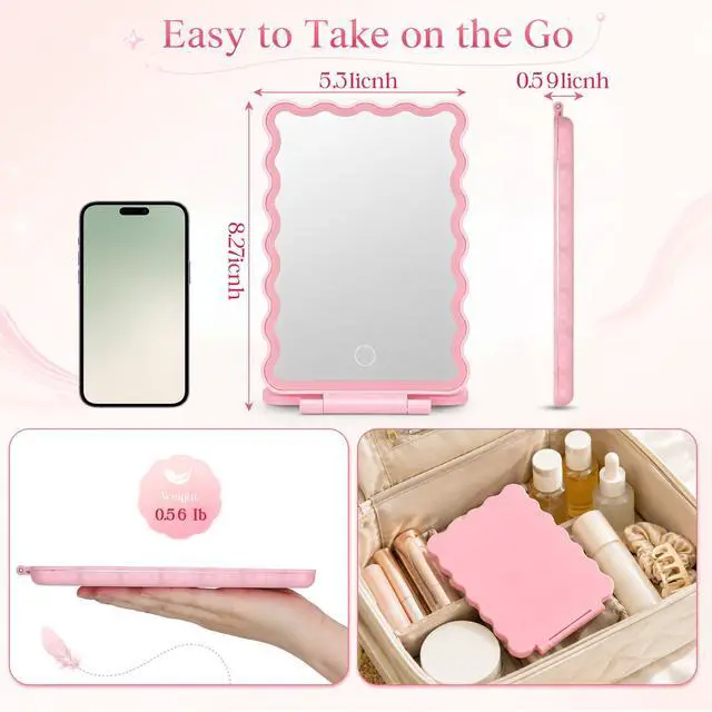 Alt view image 2 of 7 - Travel Makeup Mirror with Lights 500mah Battery 8.3''x5.3'' Gift | Rechargeable Mirror Folding Compact Mirrors College Dorm Portable Vanity 3-color Dimmable Touch Screen for Back to College
