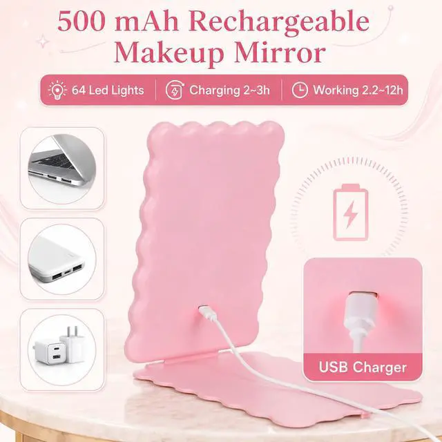 Alt view image 3 of 7 - Travel Makeup Mirror with Lights 500mah Battery 8.3''x5.3'' Gift | Rechargeable Mirror Folding Compact Mirrors College Dorm Portable Vanity 3-color Dimmable Touch Screen for Back to College