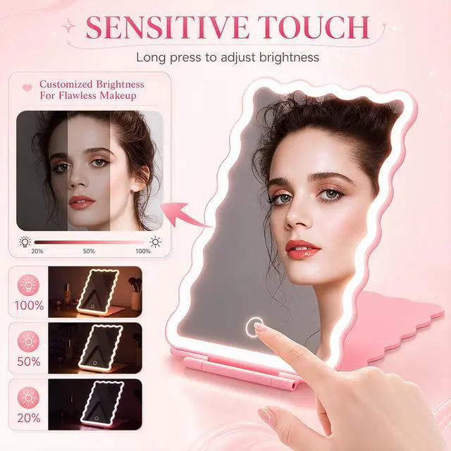 Alt view image 4 of 7 - Travel Makeup Mirror with Lights 500mah Battery 8.3''x5.3'' Gift | Rechargeable Mirror Folding Compact Mirrors College Dorm Portable Vanity 3-color Dimmable Touch Screen for Back to College