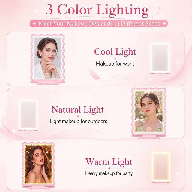 Alt view image 5 of 7 - Travel Makeup Mirror with Lights 500mah Battery 8.3''x5.3'' Gift | Rechargeable Mirror Folding Compact Mirrors College Dorm Portable Vanity 3-color Dimmable Touch Screen for Back to College