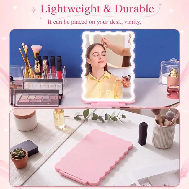 Alt view image 7 of 7 - Travel Makeup Mirror with Lights 500mah Battery 8.3''x5.3'' Gift | Rechargeable Mirror Folding Compact Mirrors College Dorm Portable Vanity 3-color Dimmable Touch Screen for Back to College