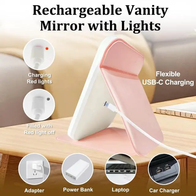 Alt view image 2 of 7 - Rechargeable Travel Mirror with Light, LED Makeup Mirror with Lights, Portable Vanity Mirror with 3 Color Lighting, Touch Dimmable Lighted Cosmetic Mirror, Travel Essentials for Women (Pink)