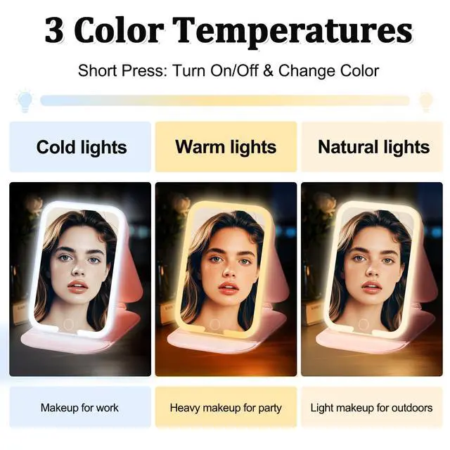 Alt view image 3 of 7 - Rechargeable Travel Mirror with Light, LED Makeup Mirror with Lights, Portable Vanity Mirror with 3 Color Lighting, Touch Dimmable Lighted Cosmetic Mirror, Travel Essentials for Women (Pink)