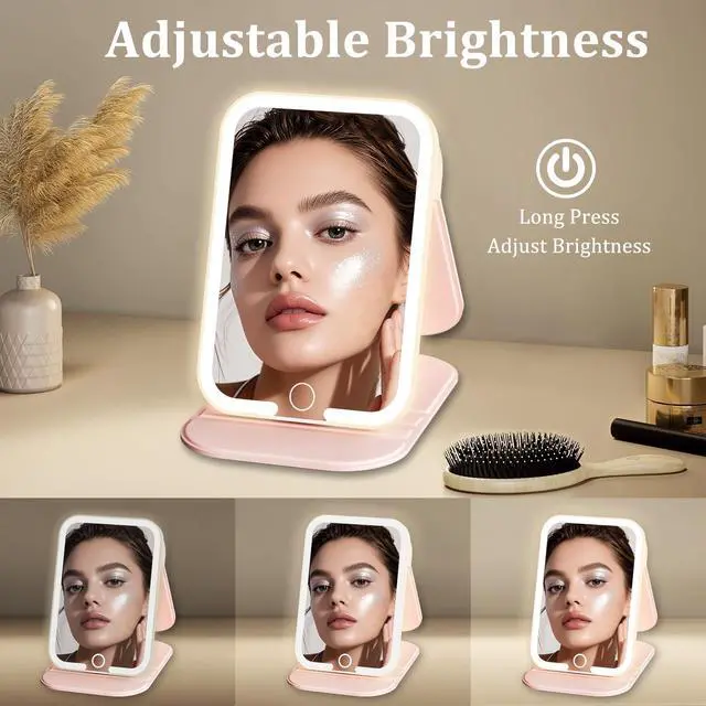 Alt view image 4 of 7 - Rechargeable Travel Mirror with Light, LED Makeup Mirror with Lights, Portable Vanity Mirror with 3 Color Lighting, Touch Dimmable Lighted Cosmetic Mirror, Travel Essentials for Women (Pink)