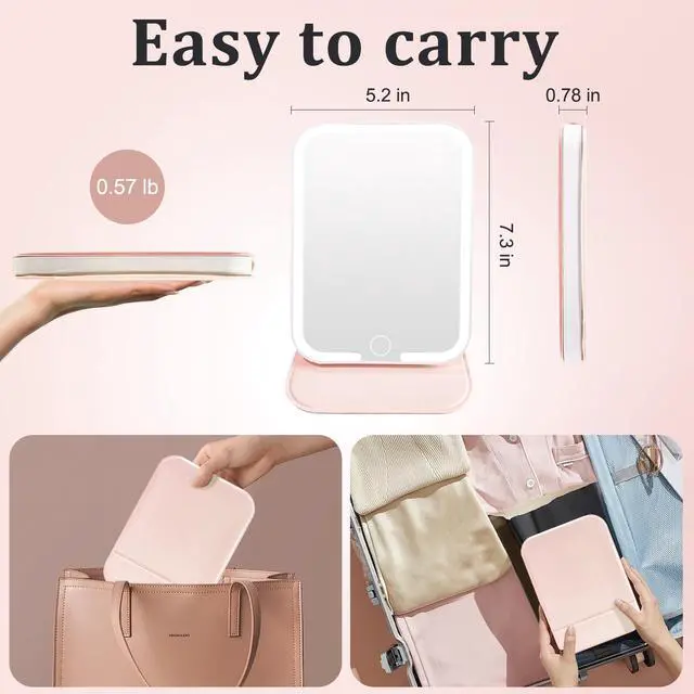Alt view image 6 of 7 - Rechargeable Travel Mirror with Light, LED Makeup Mirror with Lights, Portable Vanity Mirror with 3 Color Lighting, Touch Dimmable Lighted Cosmetic Mirror, Travel Essentials for Women (Pink)