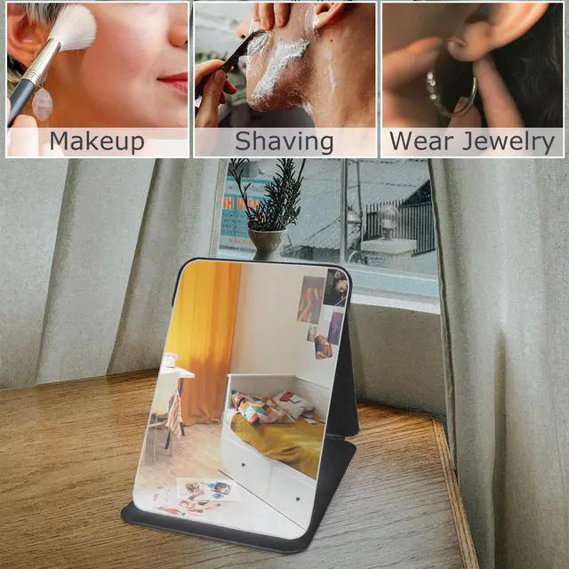 Alt view image 7 of 7 - Makeup Mirror, 6x8 Inches Portable PU Leather Mirror, Folding Desktop Vanity Mirror with Adjustable Stand for Vanity Table, Office, Travel (M, Black)