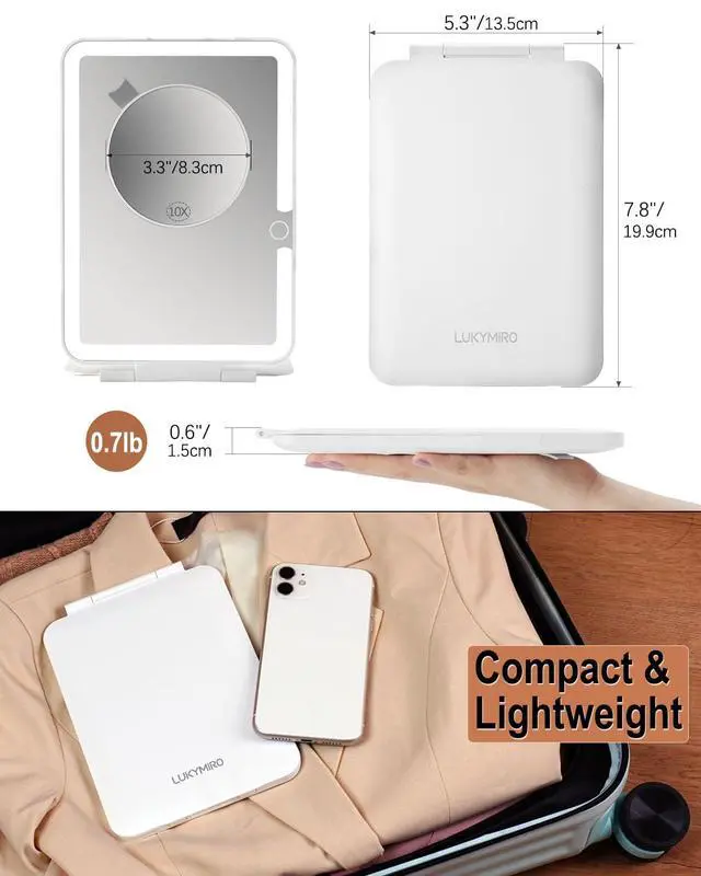 Alt view image 2 of 6 - Rechargeable Travel Mirror with Light 7x5 Inch | Portable Lighted Makeup Mirror with Small 10X Magnifying Mirror,3 Color Lights Adjust Brightness,Tabletop Folding LED Mirror
