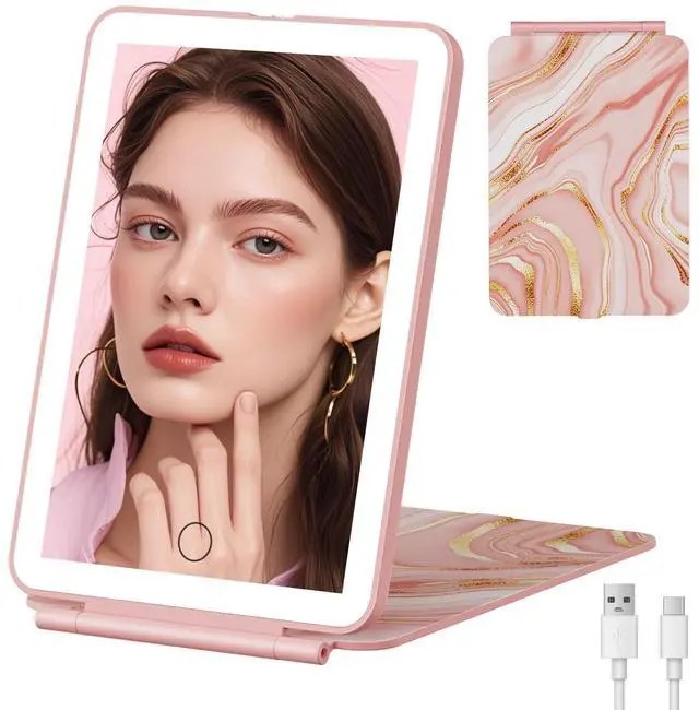 Main image of 2000mAh Rechargeable Travel Makeup Mirror with Light | Portable Makeup Mirror With 3-Color Lighting, Dimmable Touch Screen, Tabletop LED Folding Cosmetic Compact Vanity Mirror